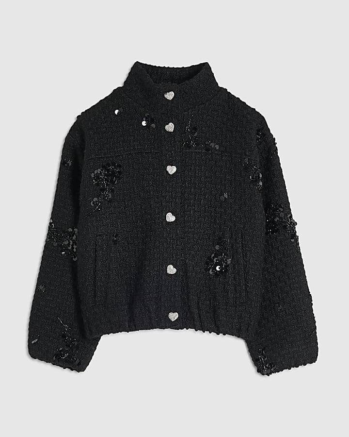 Girls Black Boucle Embellished Jacket