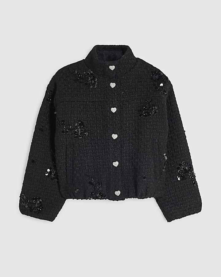 Girls Black Boucle Embellished Jacket