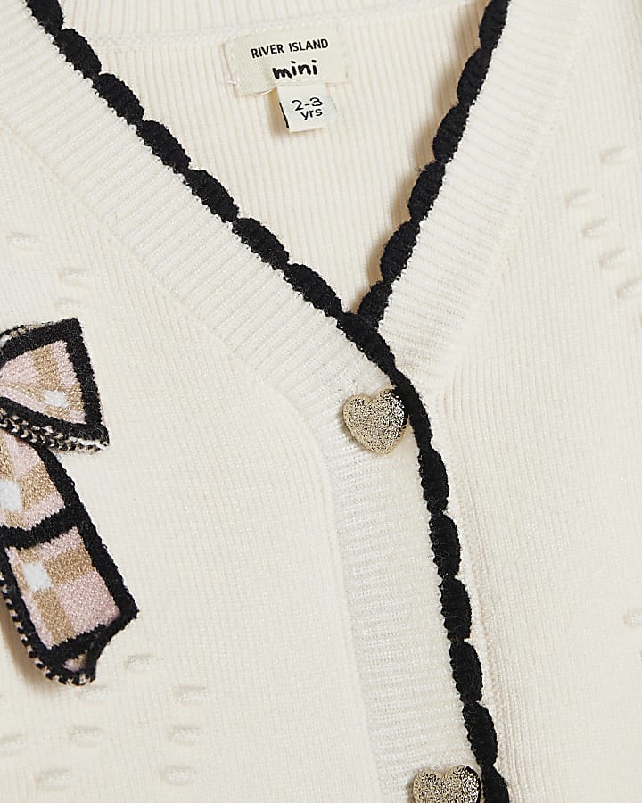 Mini Girls Cream Knit 3D Check Bow Cardigan