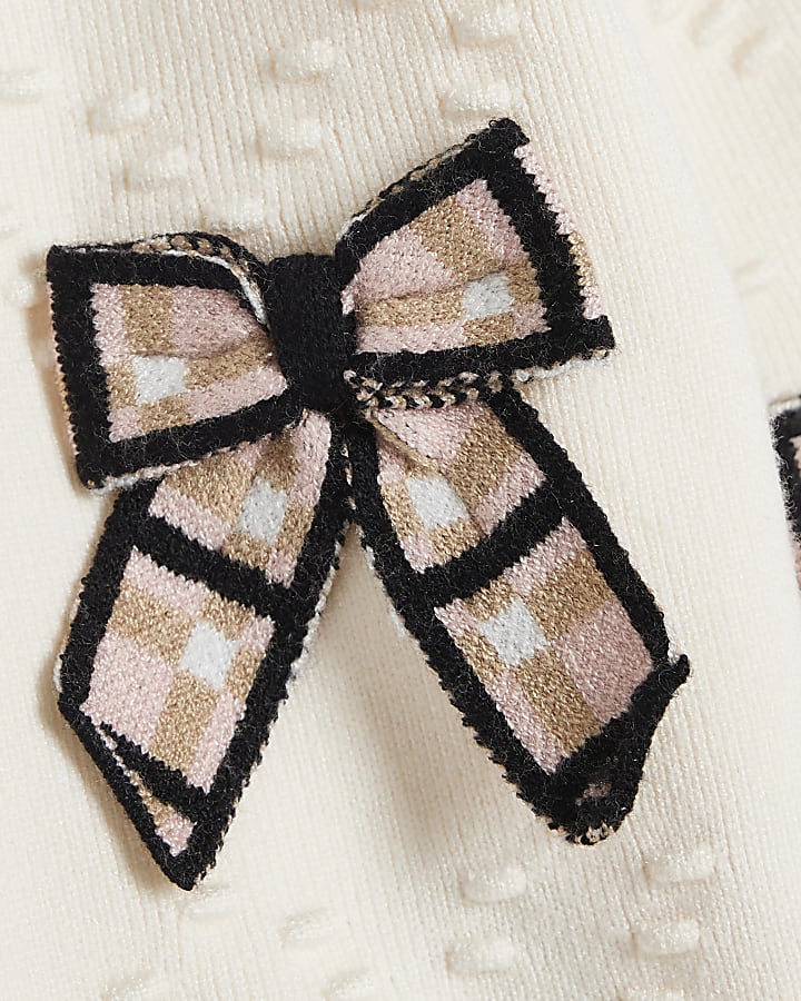 Mini Girls Cream Knit 3D Check Bow Cardigan