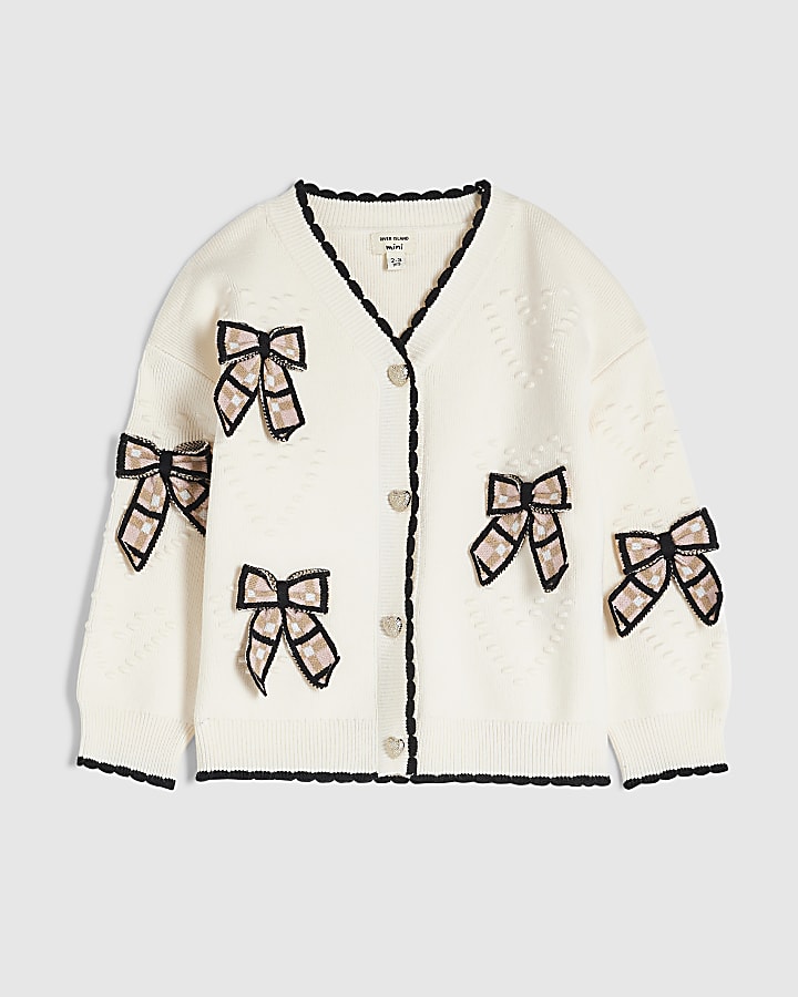 Mini Girls Cream Knit 3D Check Bow Cardigan
