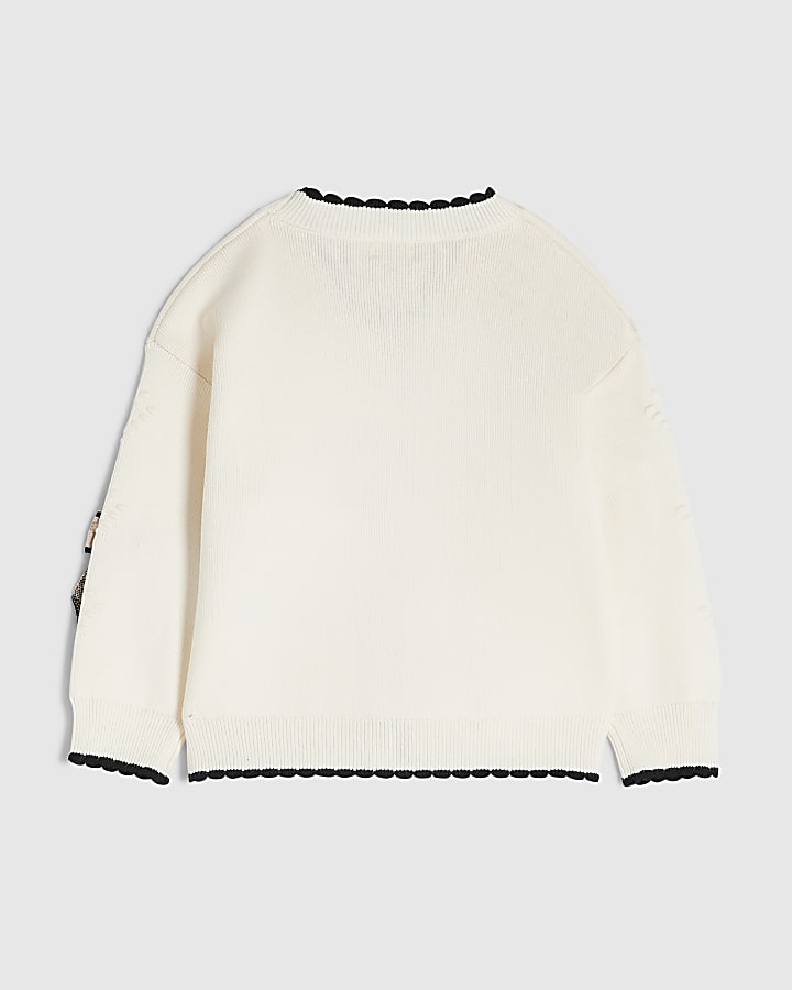 Mini Girls Cream Knit 3D Check Bow Cardigan