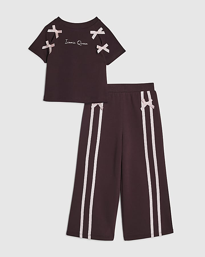 Mini Girls Red Bow Tape Wide Leg Joggers Set