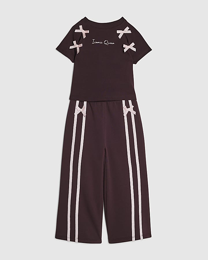 Mini Girls Red Bow Tape Wide Leg Joggers Set
