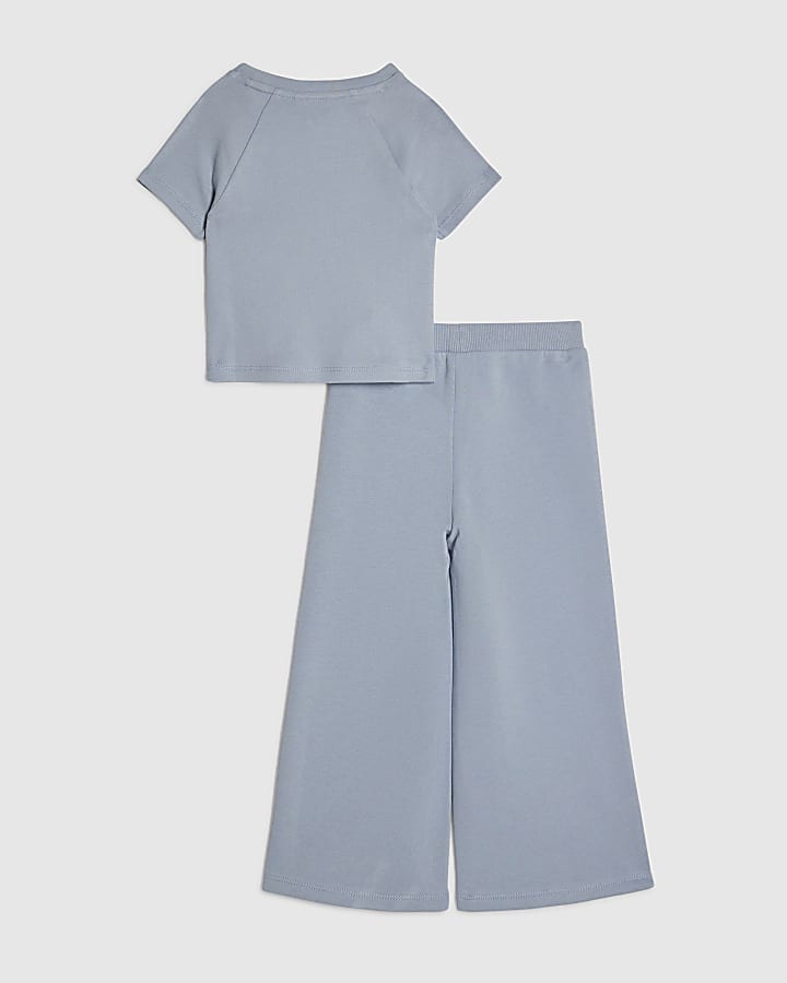 Mini Girls Blue Bow Tape Wide Leg Joggers Set