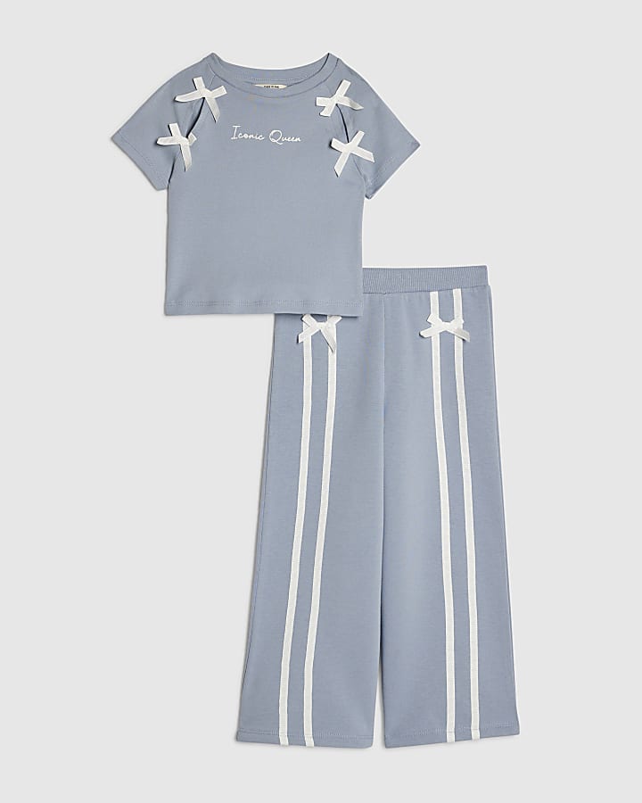 Mini Girls Blue Bow Tape Wide Leg Joggers Set