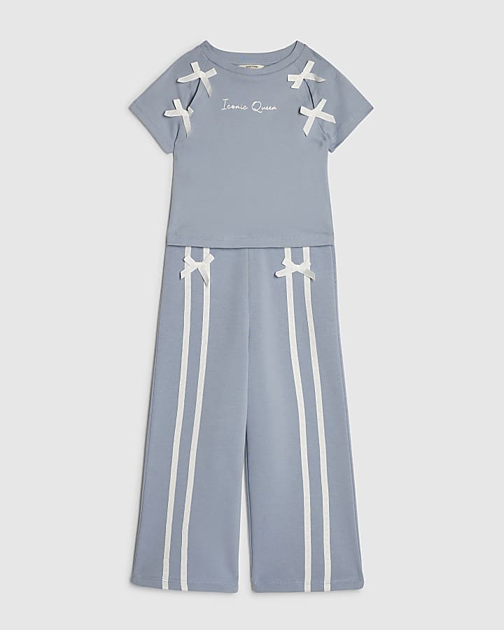 Mini Girls Blue Bow Tape Wide Leg Joggers Set