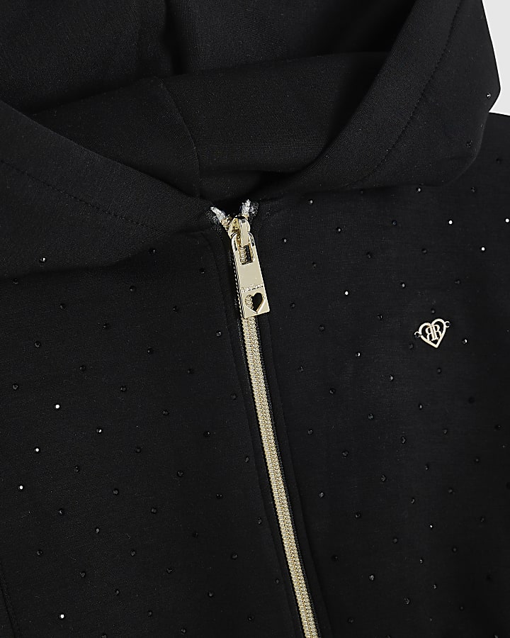 Girls Black Embellished Zip Up Hoodie