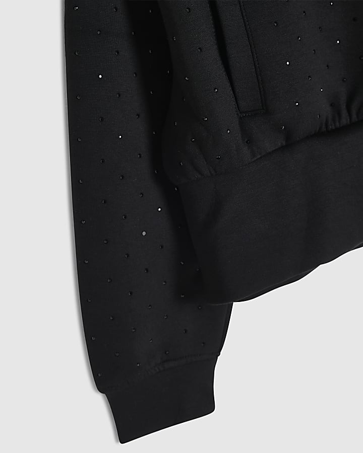 Girls Black Embellished Zip Up Hoodie