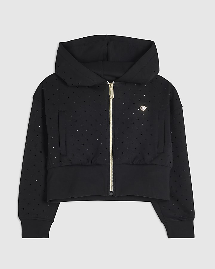 Girls Black Embellished Zip Up Hoodie