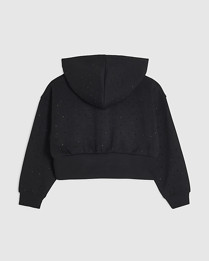 Girls Black Embellished Zip Up Hoodie