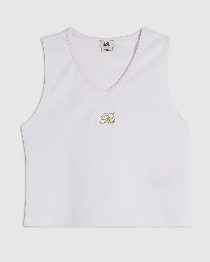 Girls White V Neck RI Tank Top