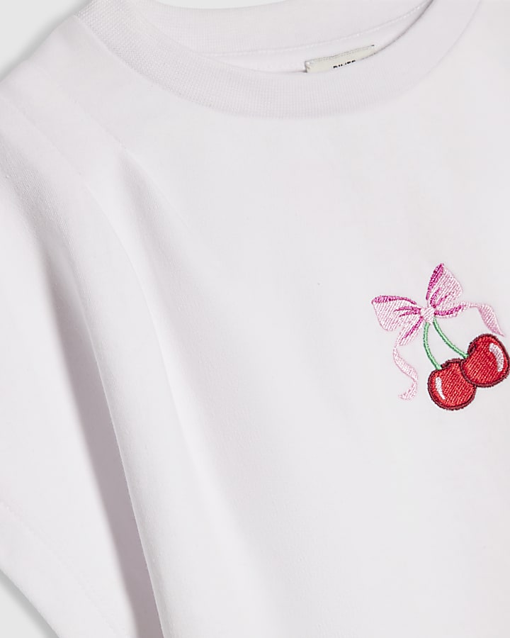 Girls White Pintuck Cherry T-Shirt