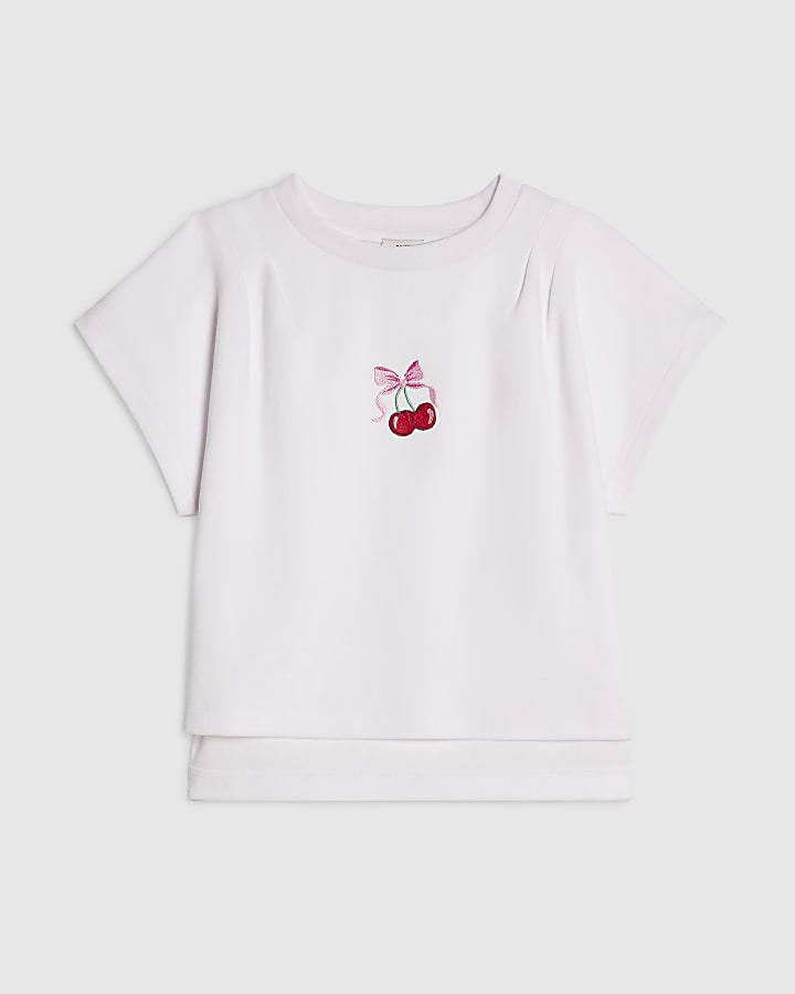 Girls White Pintuck Cherry T-Shirt