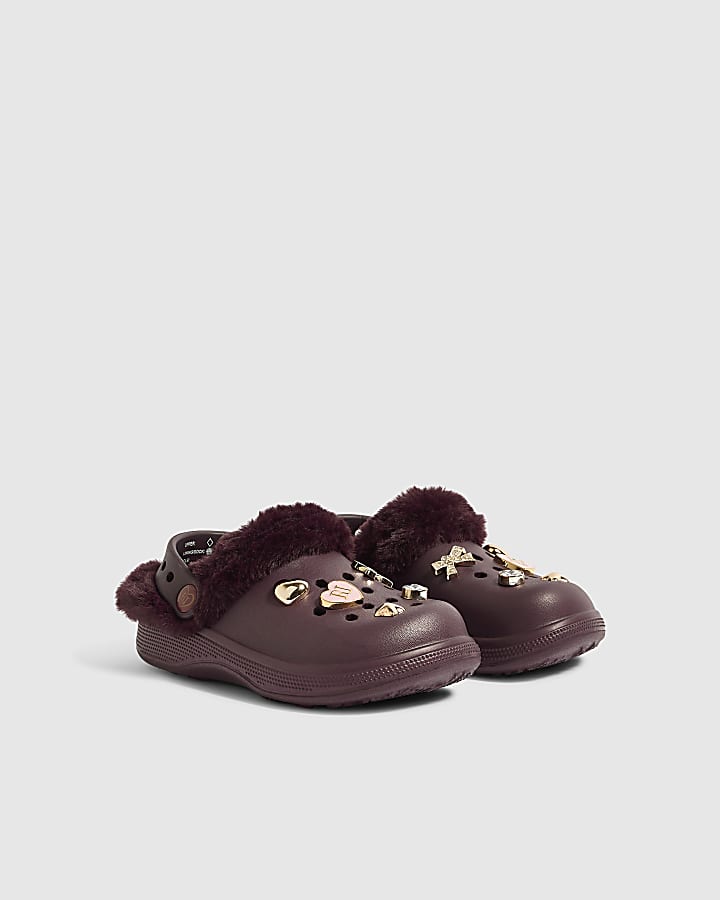Girls Purple Fur Lined Gem Clogs