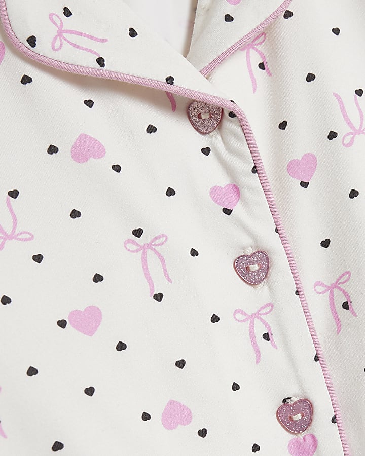 Mini Girls Cream Bow Heart Button Pyjamas Set