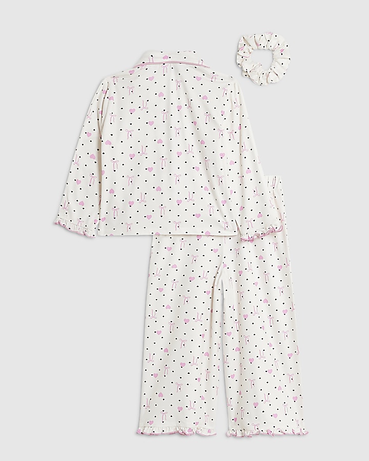 Mini Girls Cream Bow Heart Button Pyjamas Set