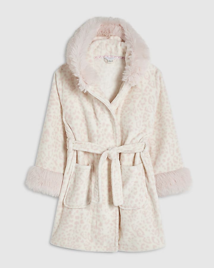 Girls Cream Deer Print Faux Fur Robe