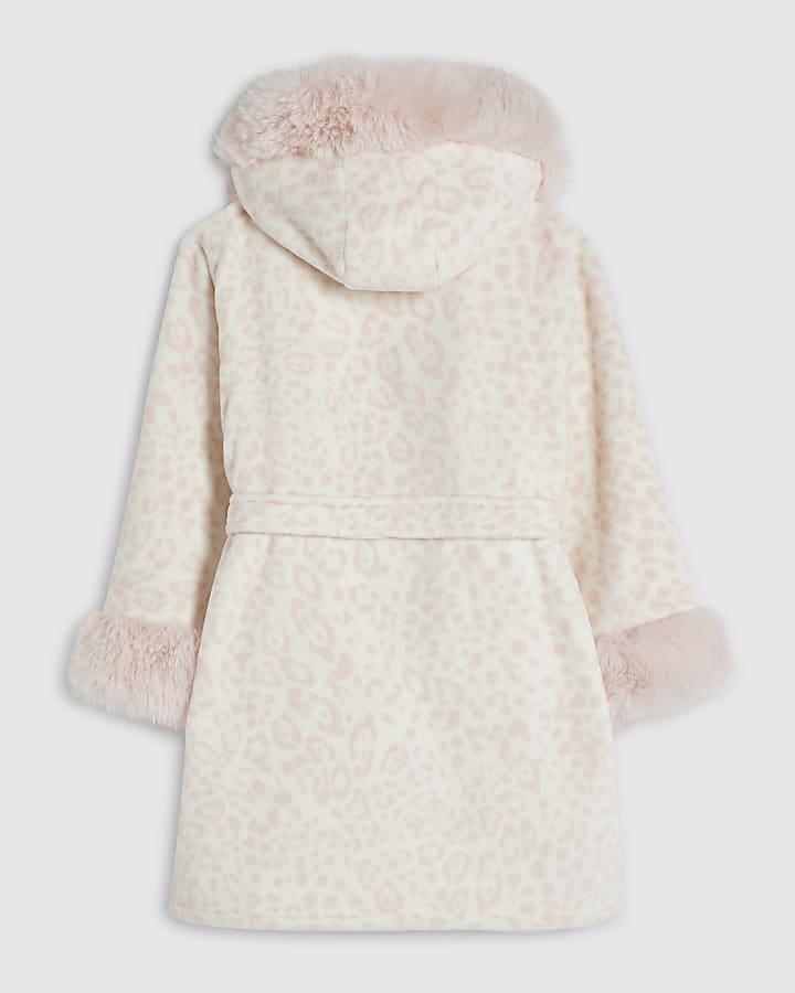 Girls Cream Deer Print Faux Fur Robe