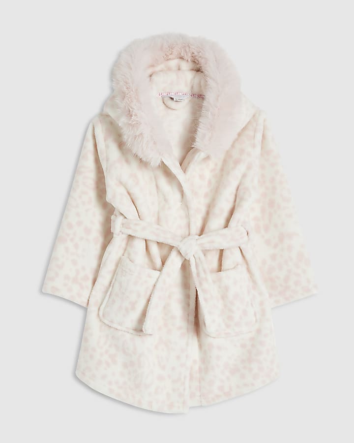 Mini Girls Cream Deer Print Faux Fur Robe