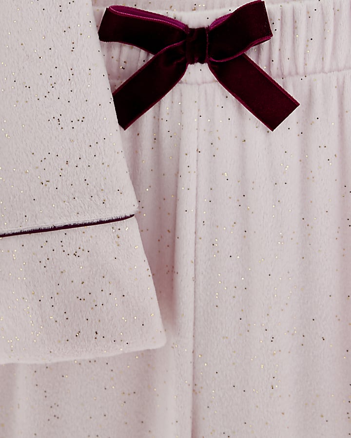 Girls Pink Glitter Velour Bow Pyjamas Set