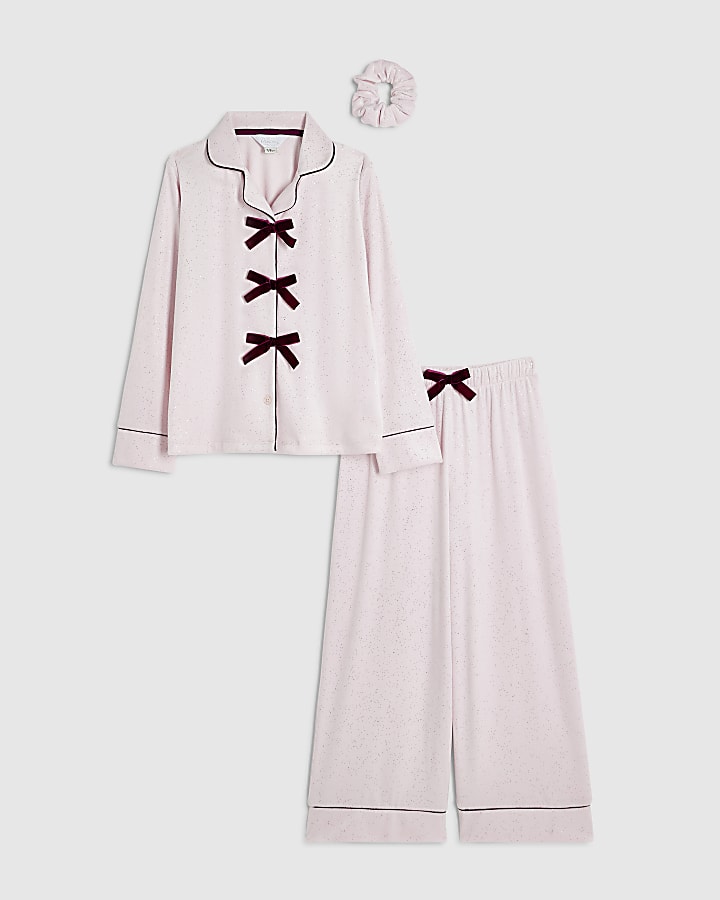 Girls Pink Glitter Velour Bow Pyjamas Set