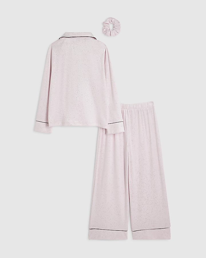 Girls Pink Glitter Velour Bow Pyjamas Set