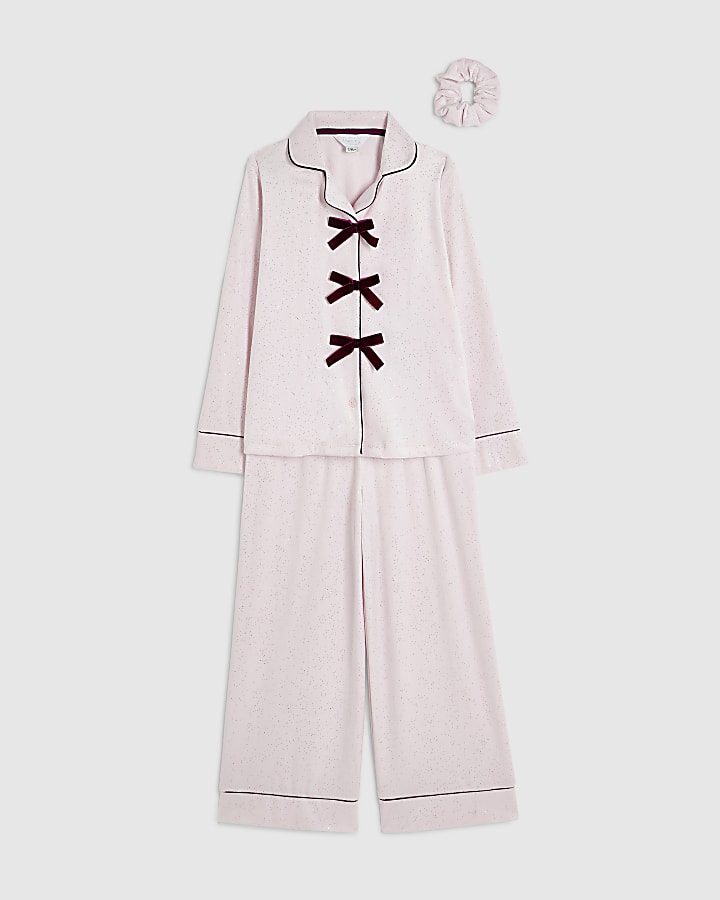 Girls Pink Glitter Velour Bow Pyjamas Set