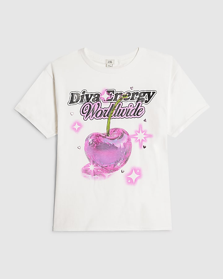 Girls White Diva Energy Cherry T-Shirt