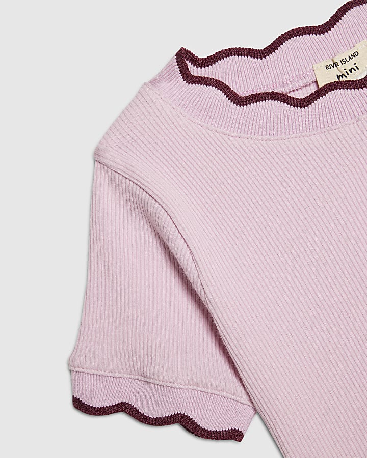 Mini Girls Pink Scallop Embroidered T-Shirt