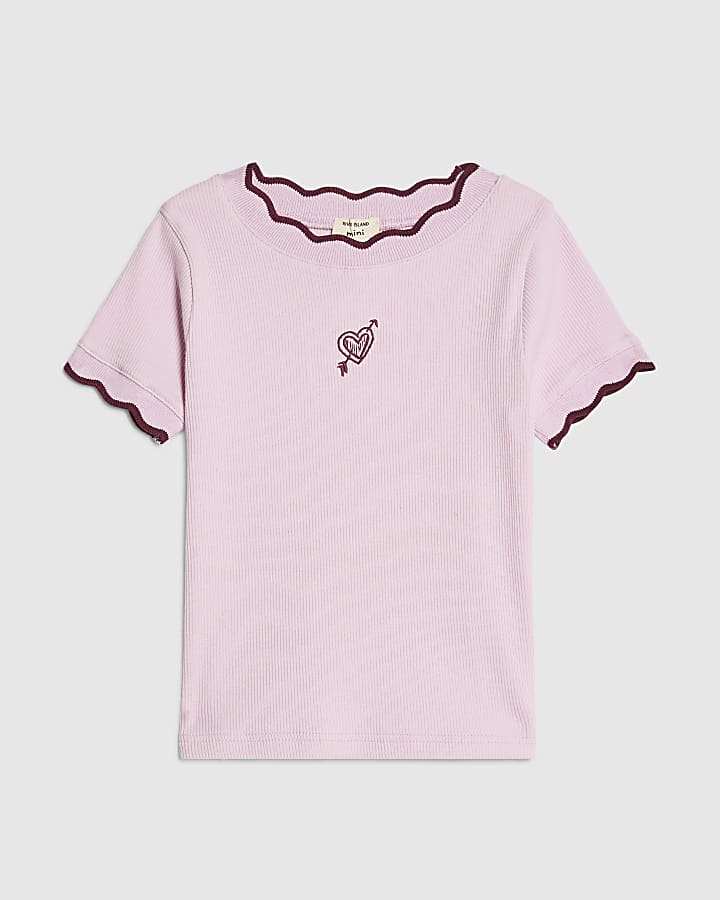 Mini Girls Pink Scallop Embroidered T-Shirt