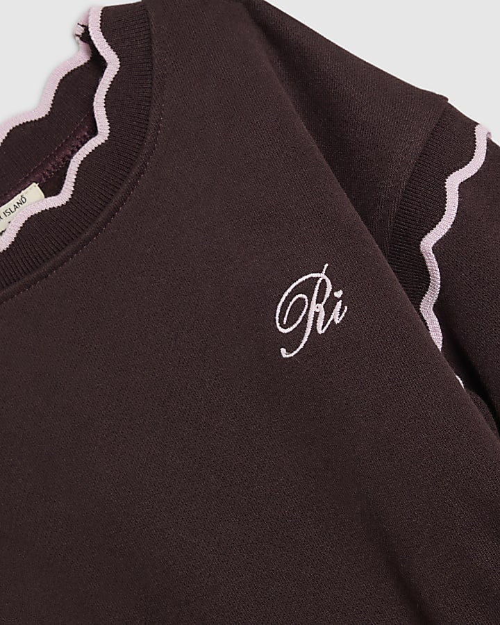Mini Girls Brown Scalloped Edge Jumper Dress