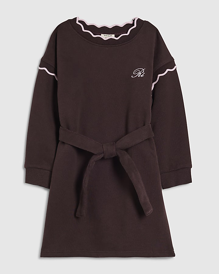 Mini Girls Brown Scalloped Edge Jumper Dress