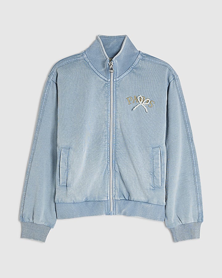 Girls Blue Washed Denim Zip Up Sweatshirt