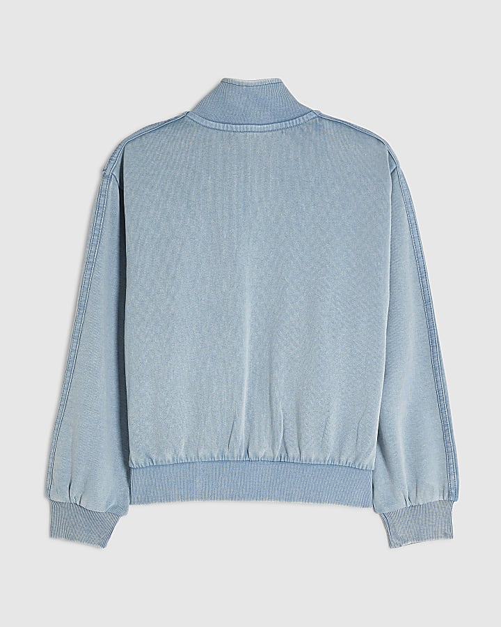 Girls Blue Washed Denim Zip Up Sweatshirt