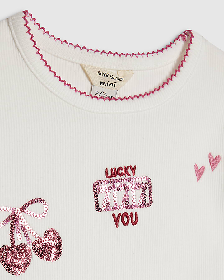Mini Girls Cream Ribbed Sequin Icons T-Shirt