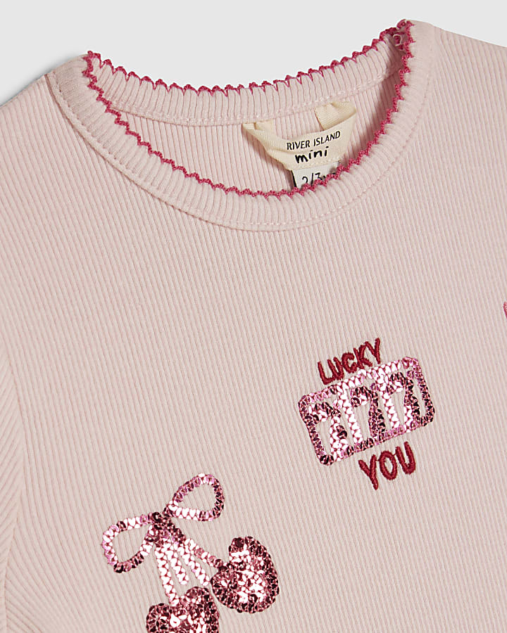Mini Girls Pink Ribbed Sequin Icons T-Shirt
