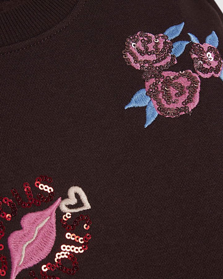 Girls Brown Quirky Embellished Sweatshirt