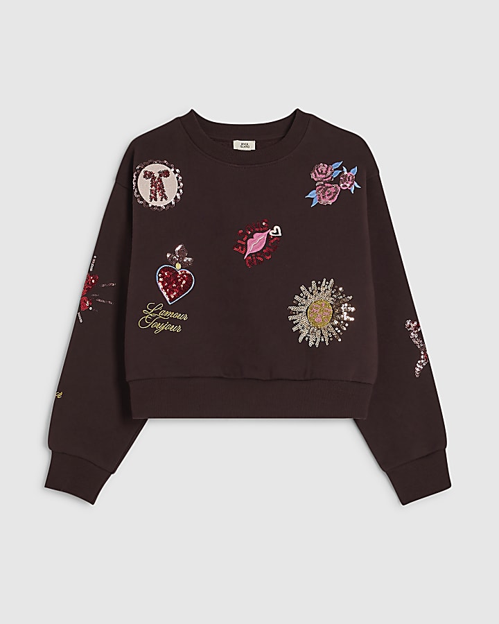 Girls Brown Quirky Embellished Sweatshirt