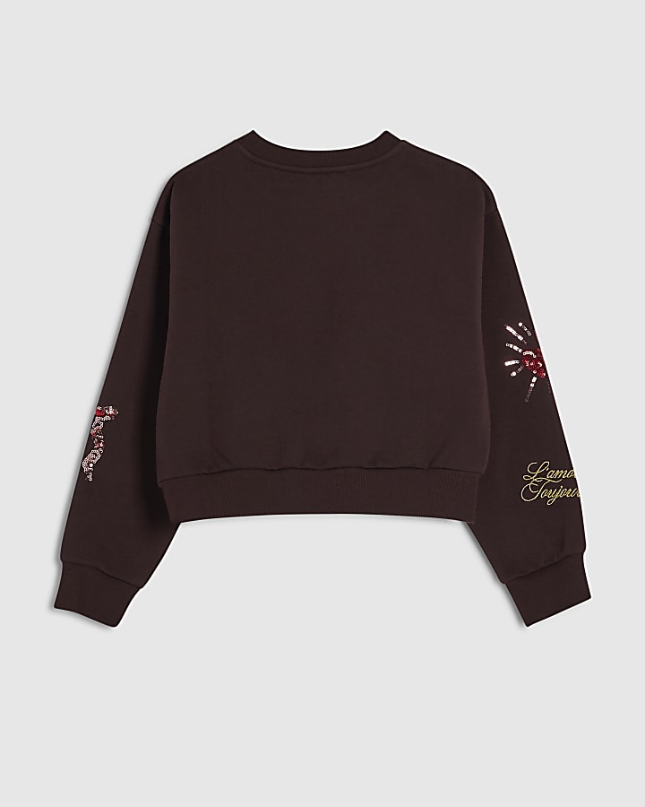 Girls Brown Quirky Embellished Sweatshirt