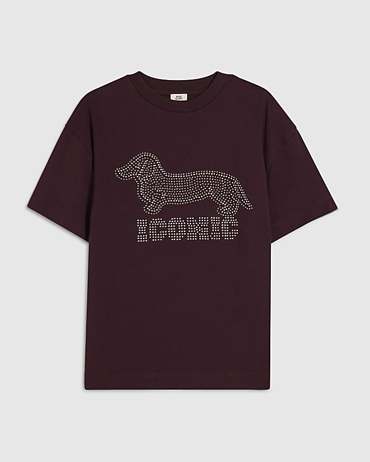 Girls Purple Embellished Iconic Dog T-Shirt