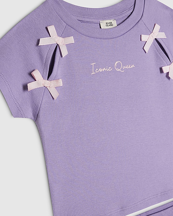 Girls Purple Bow Tape Wide Leg Joggers Set