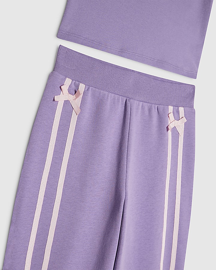 Girls Purple Bow Tape Wide Leg Joggers Set