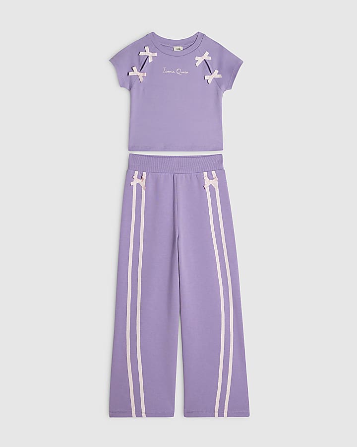 Girls Purple Bow Tape Wide Leg Joggers Set