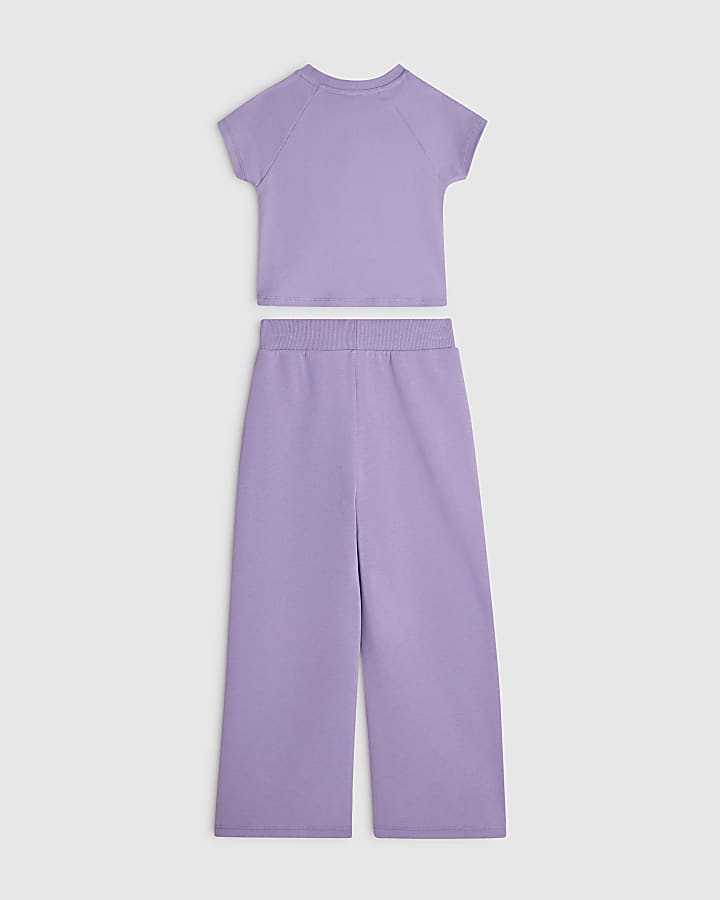 Girls Purple Bow Tape Wide Leg Joggers Set