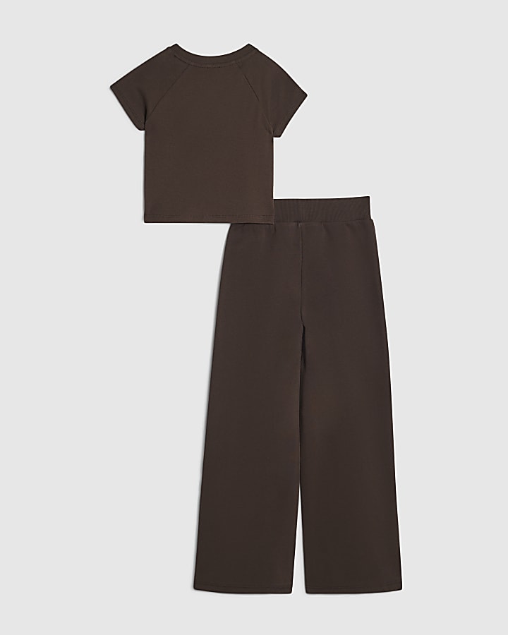 Girls Brown Bow Taped Wide Leg Joggers Set