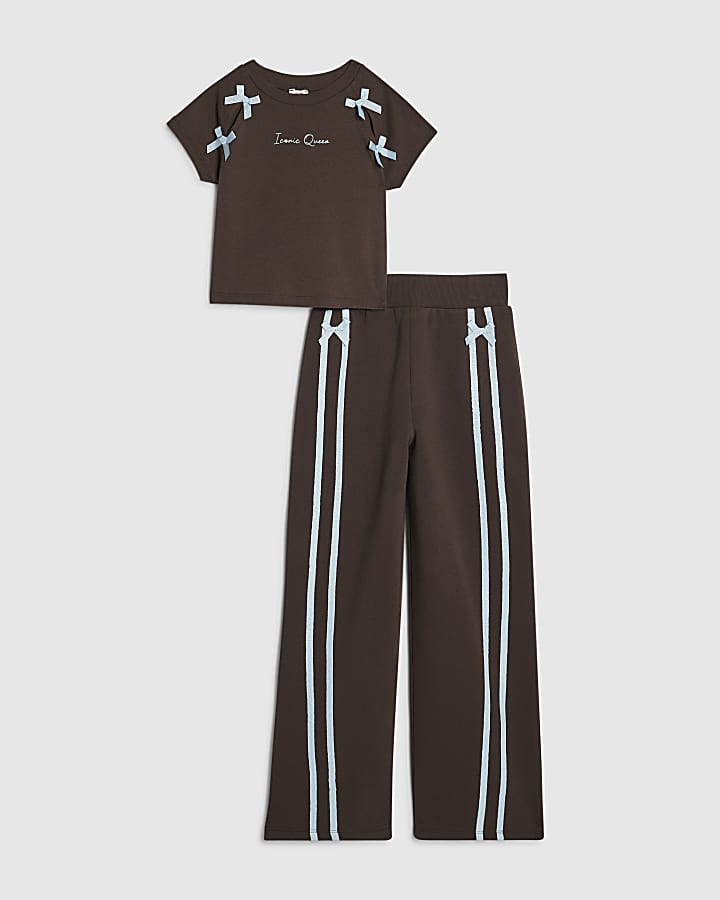 Girls Brown Bow Taped Wide Leg Joggers Set