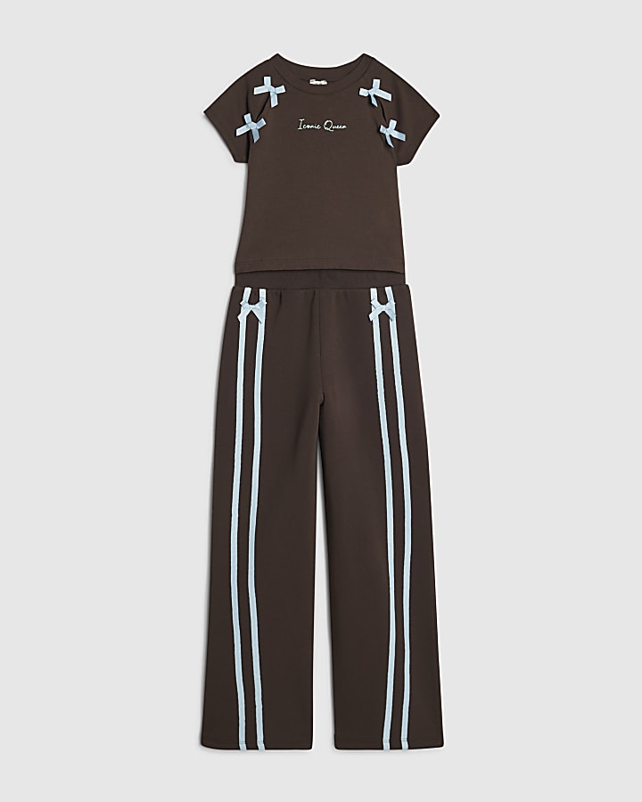 Girls Brown Bow Taped Wide Leg Joggers Set