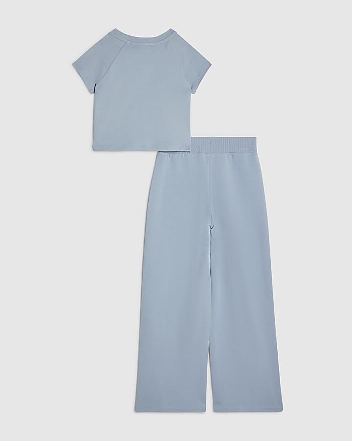 Girls Blue Bow Taped Wide Leg Joggers Set
