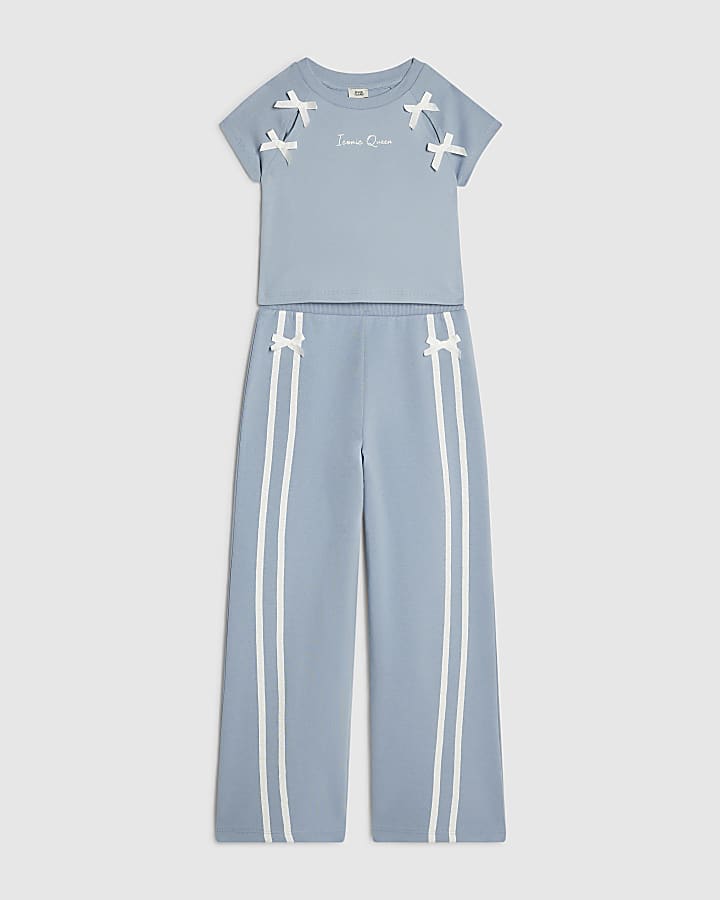 Girls Blue Bow Taped Wide Leg Joggers Set